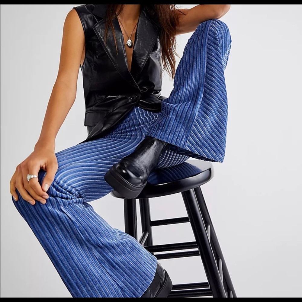 Free People Slim Pull-On Velvet Flare Pants - Blue (Eventide)